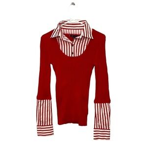 Anne Klein Layered Collar Striped Shirt Sweater | Red | Size M